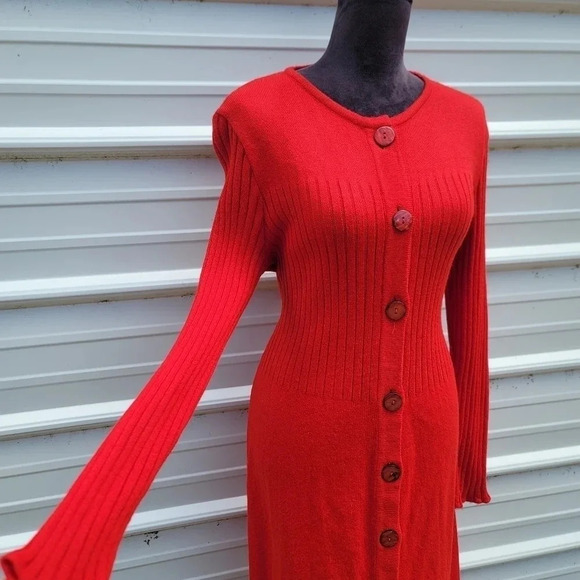 Jessica Howard Red Sweater Midi Dress Long Sleeves Front Buttoned Pockets Knit L - Picture 7 of 16